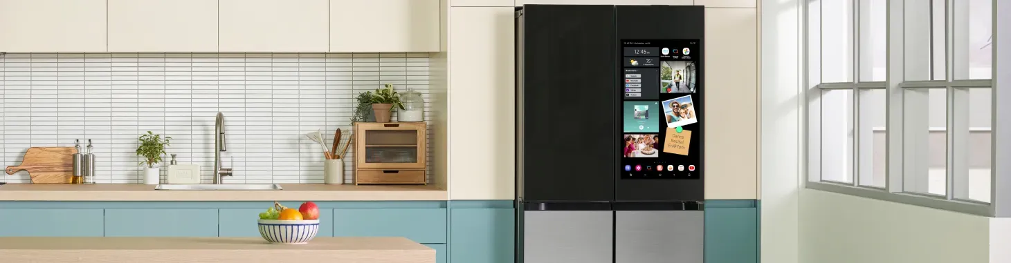 kitchen with teal cabinets and a  modern refrigerator with a digital display on the door